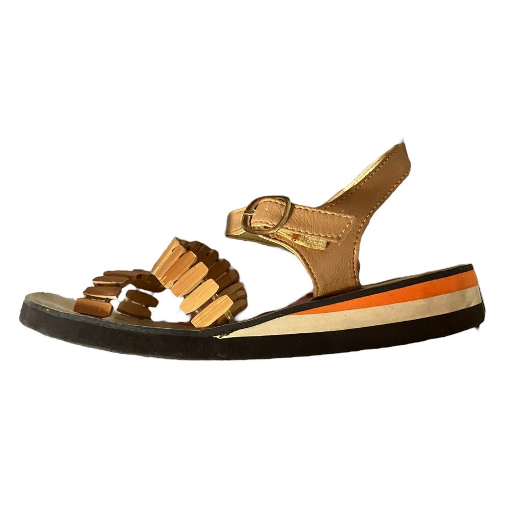 Vintage Lady Carrie Debs Beaded Wedge Sandals Tan Orange 70s Mod Size 6